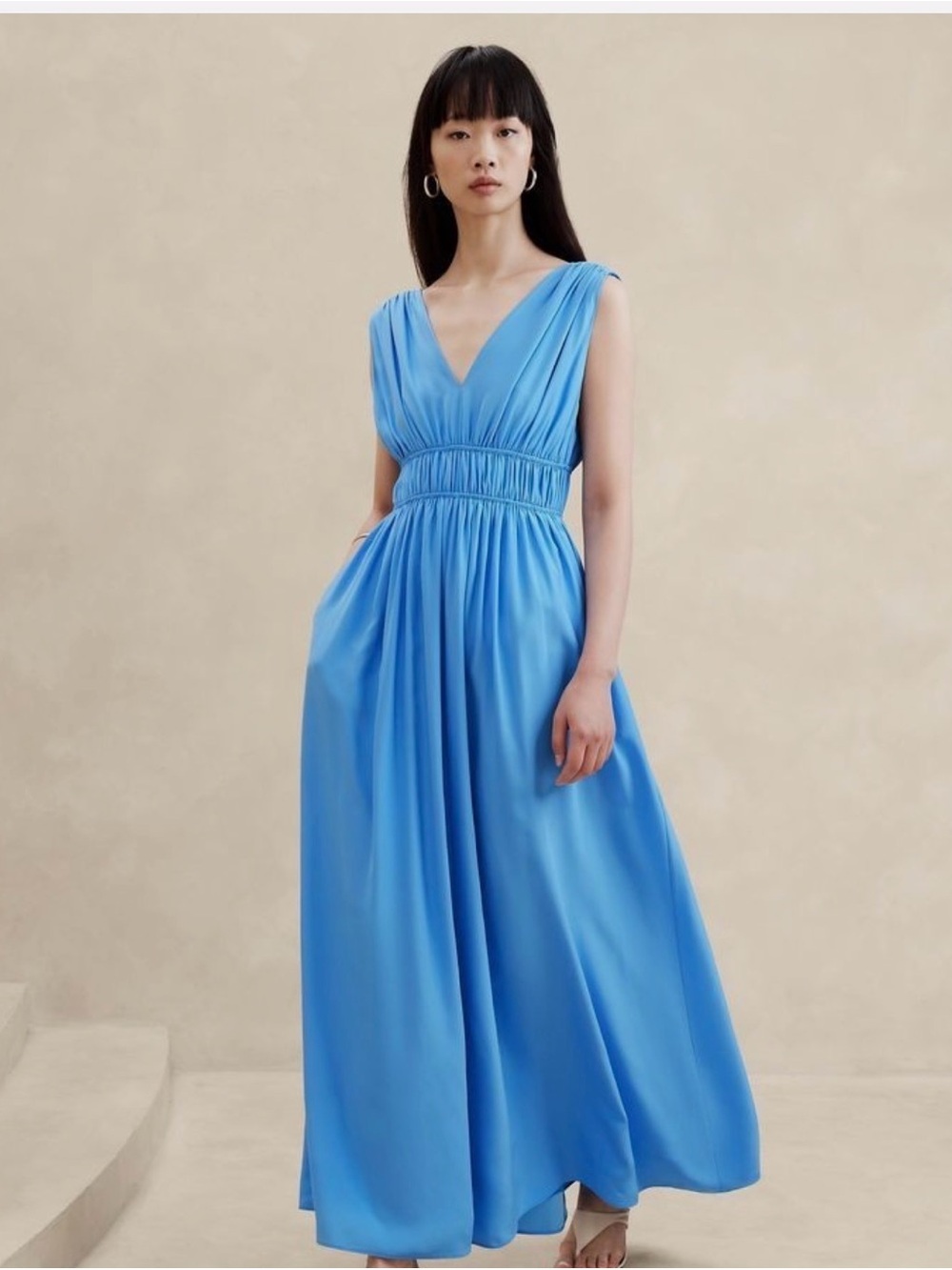 NWT Banana Republic Blue Sleeveless Maxi Dress VNeck Empire Waist Cascade Silk l
